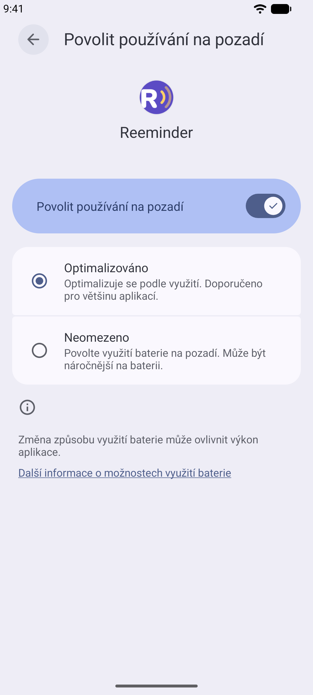 Nastavení baterie pro Reeminder na Androidu se zvolenou možností „Neomezeno“