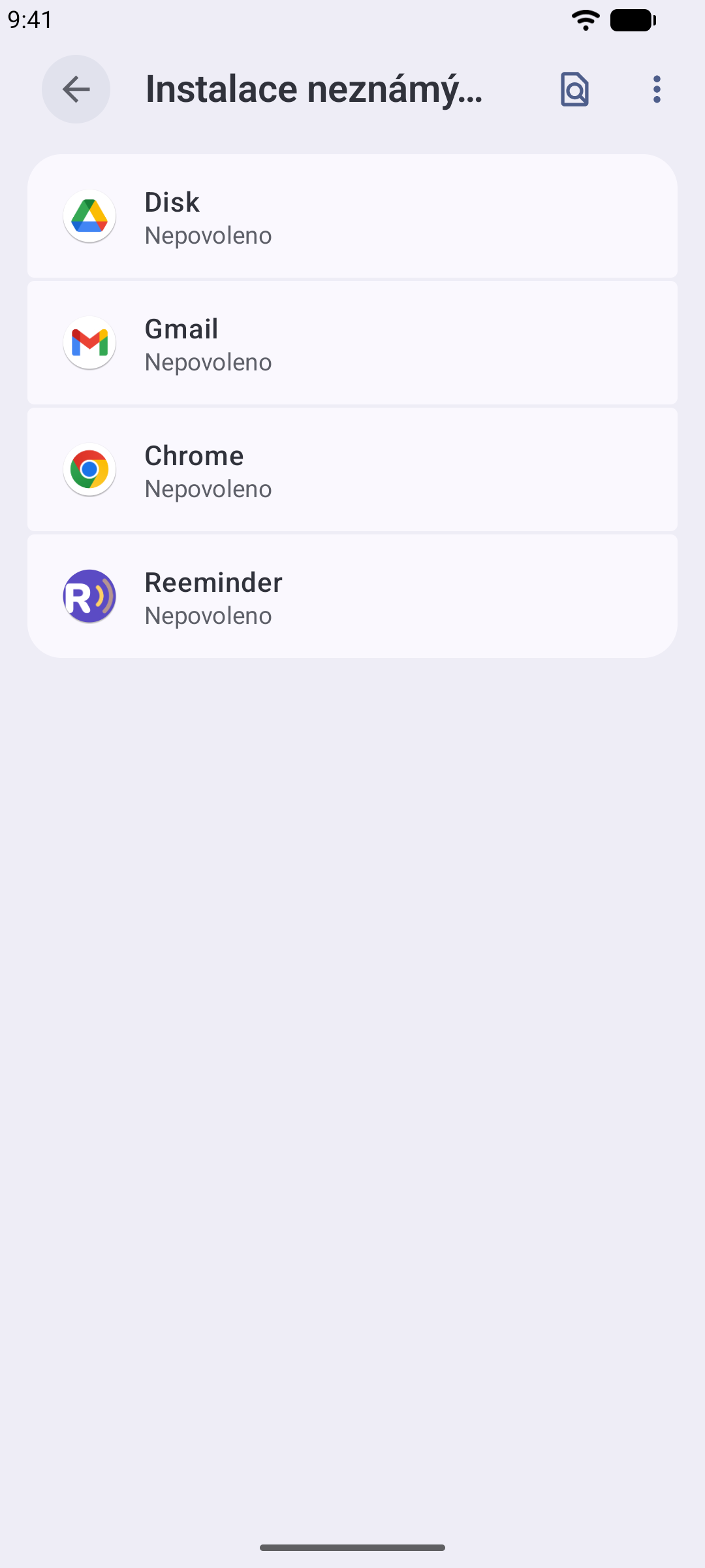 Nastavení Androidu se zapnutým přepínačem „Instalovat neznámé aplikace“ pro prohlížeč