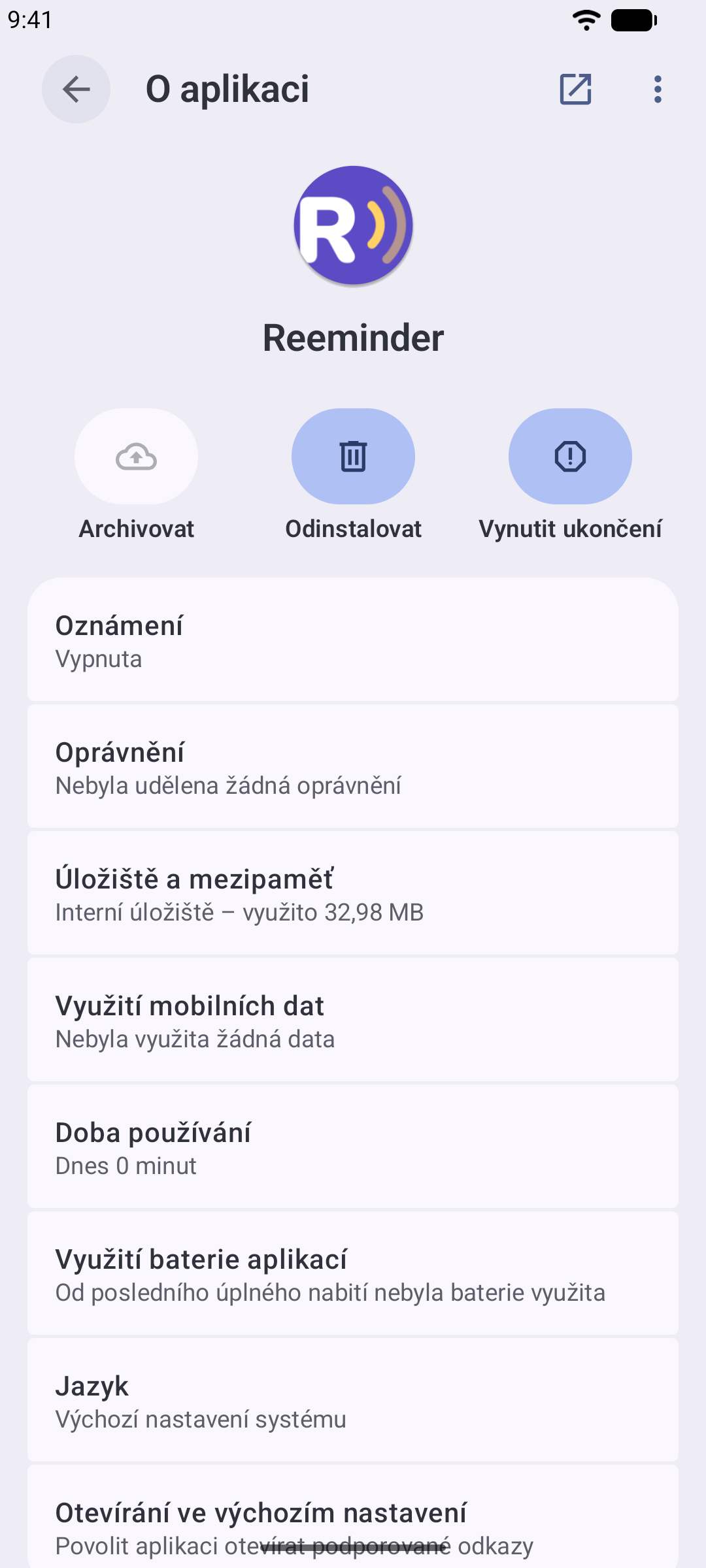 Nastavení Androidu s obrazovkou aplikace Reeminder