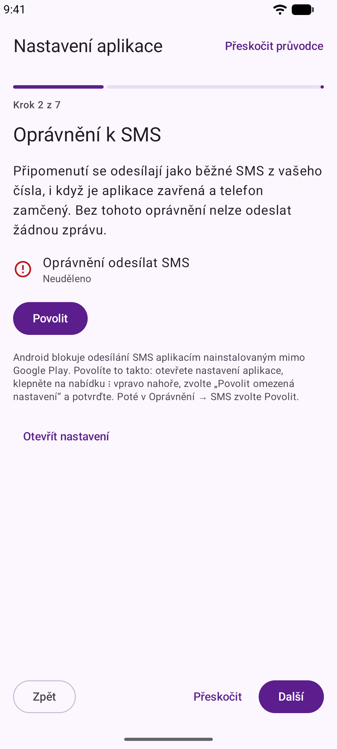 Průvodce nastavením v aplikaci Reeminder ukazuje stejné kroky