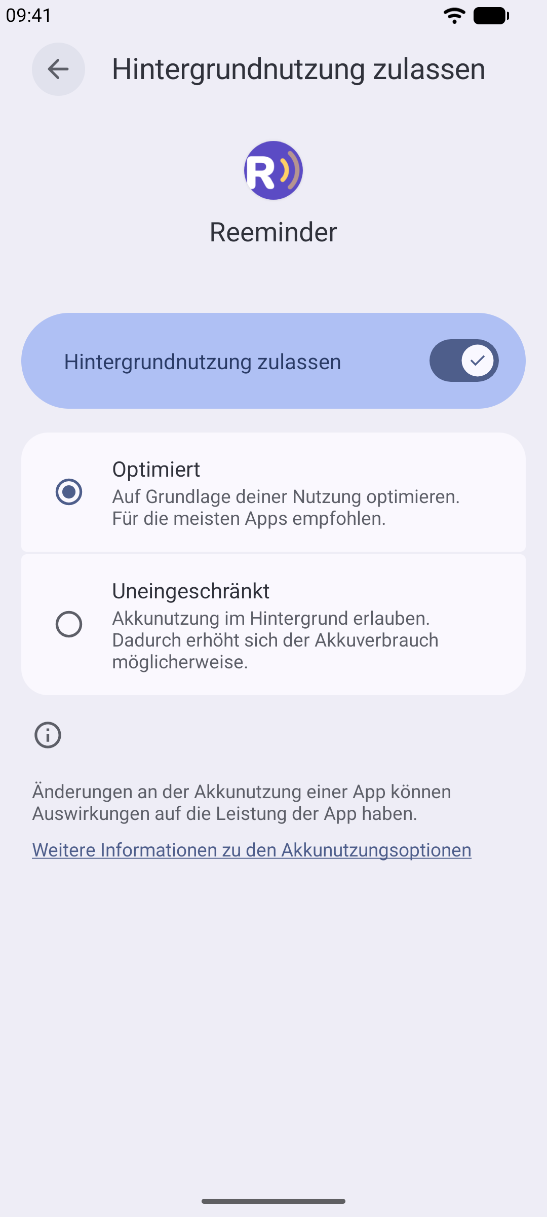 Die Akku-Einstellungen von Reeminder auf Android, „Uneingeschränkt“ ist ausgewählt