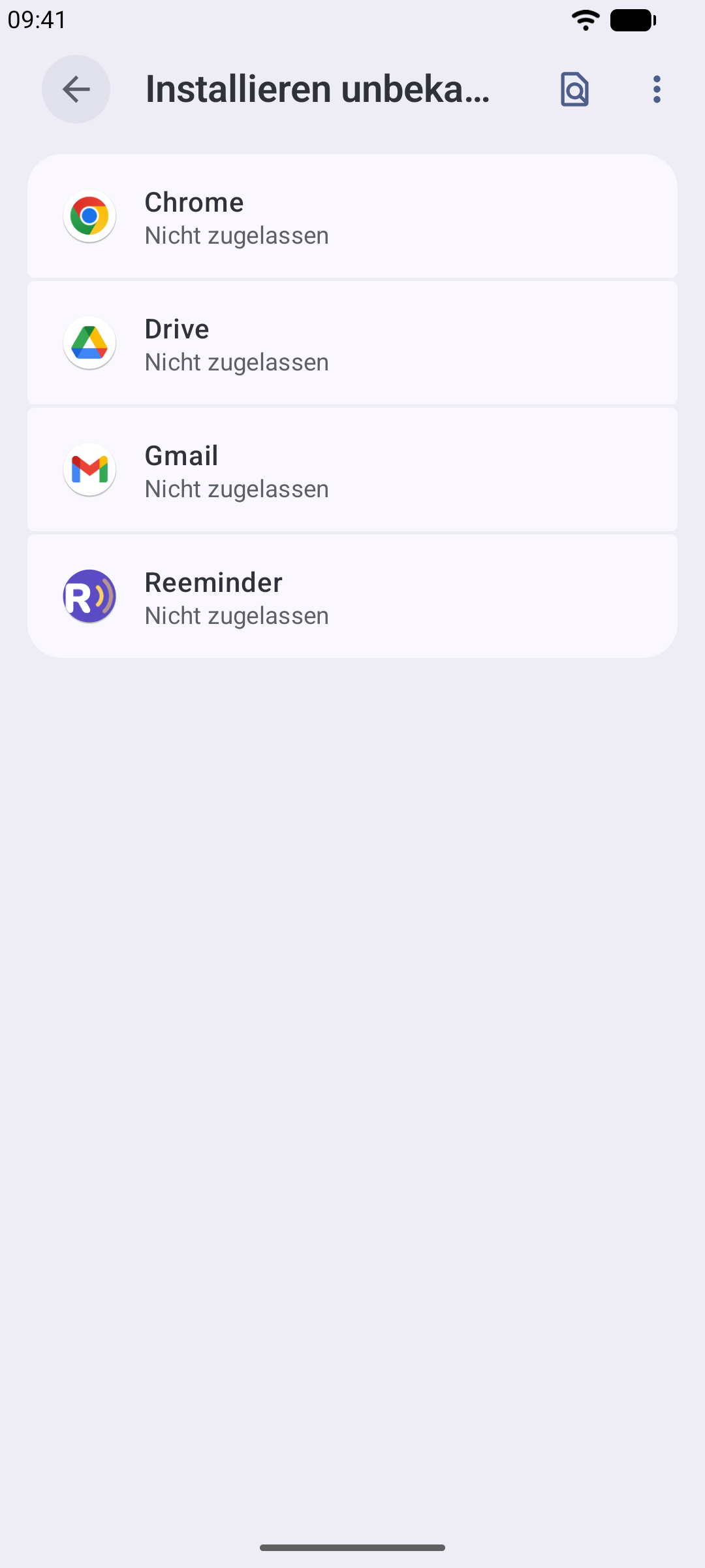 Android-Einstellungen mit eingeschaltetem Schalter „Unbekannte Apps installieren“ für den Browser