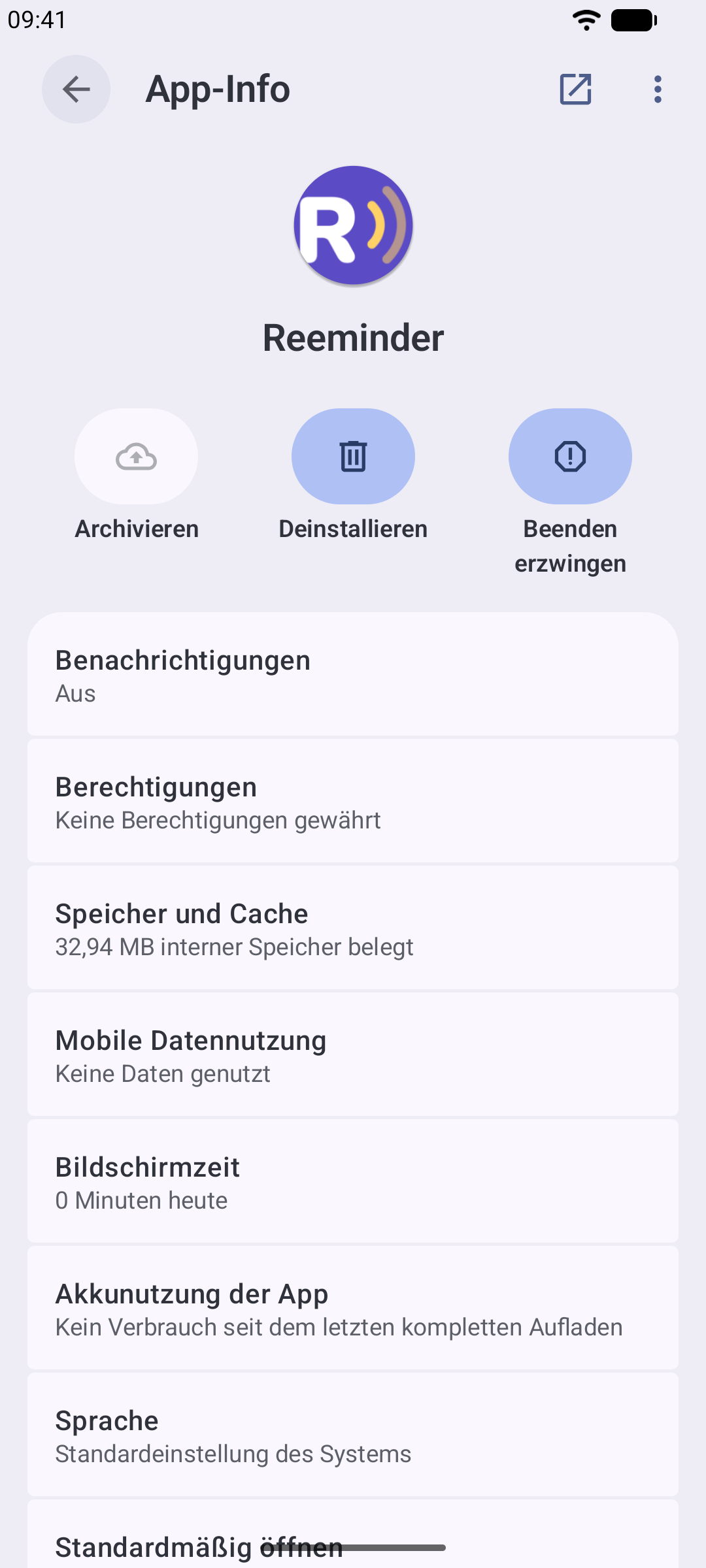 Android-Einstellungen mit der App-Seite von Reeminder