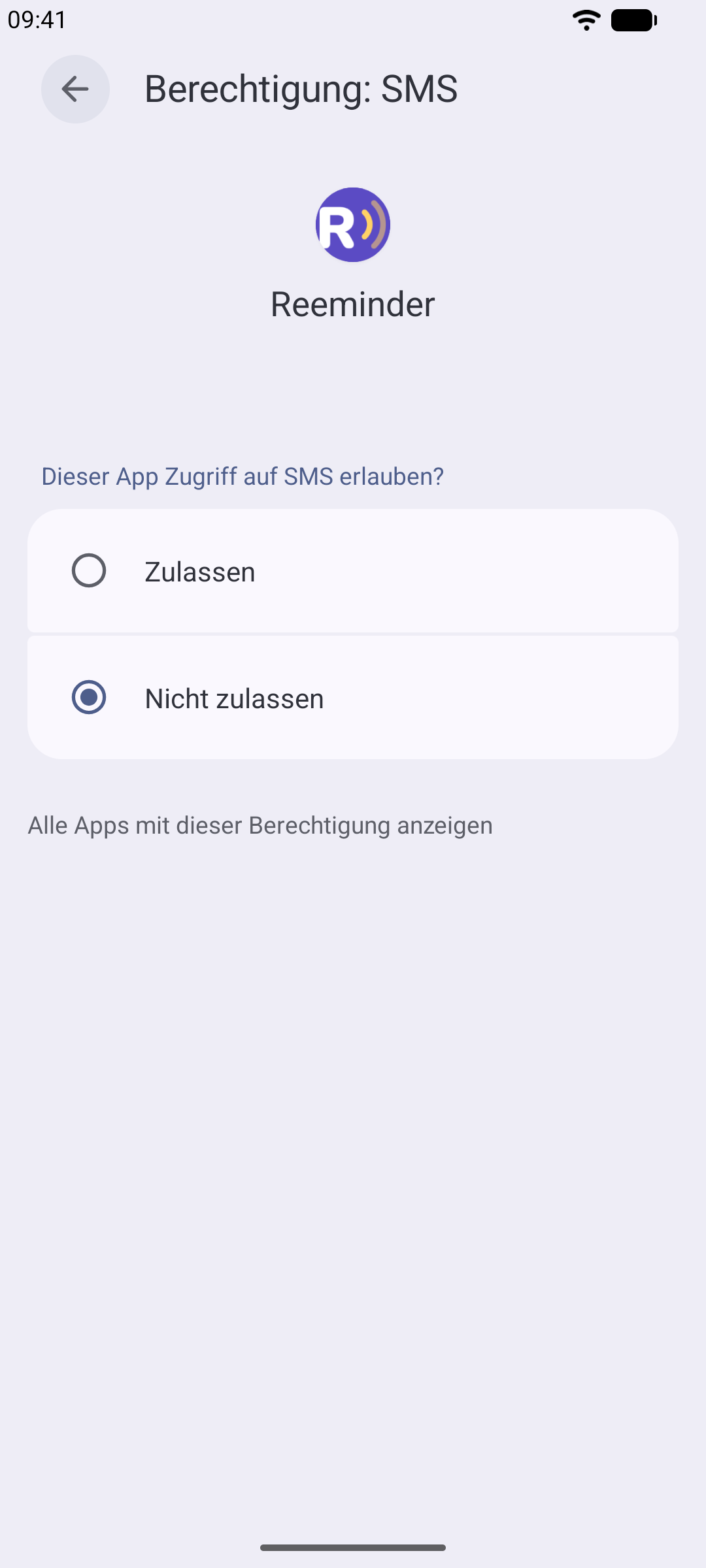 Die SMS-Berechtigung für Reeminder steht auf „Zulassen“