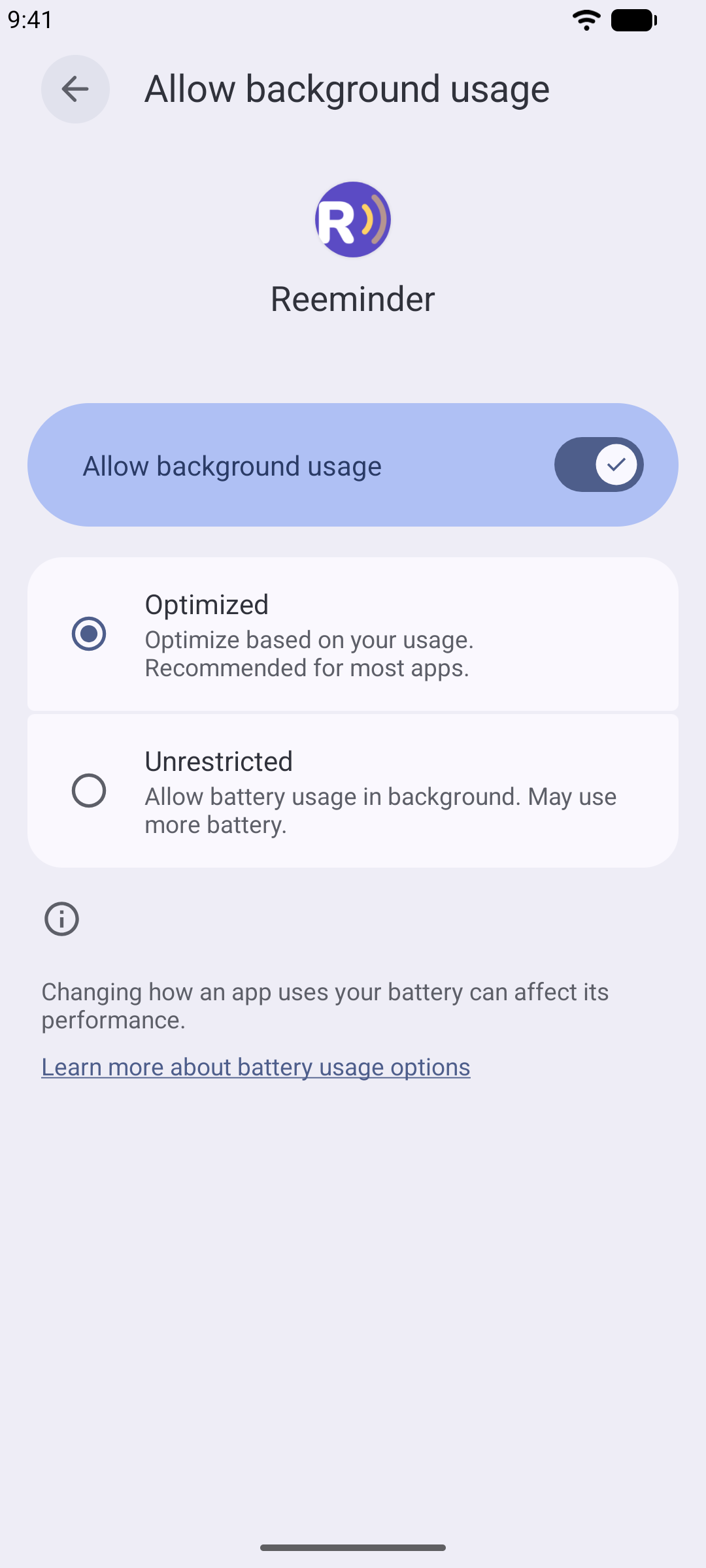 Reeminder's battery settings on Android with “Unrestricted” selected