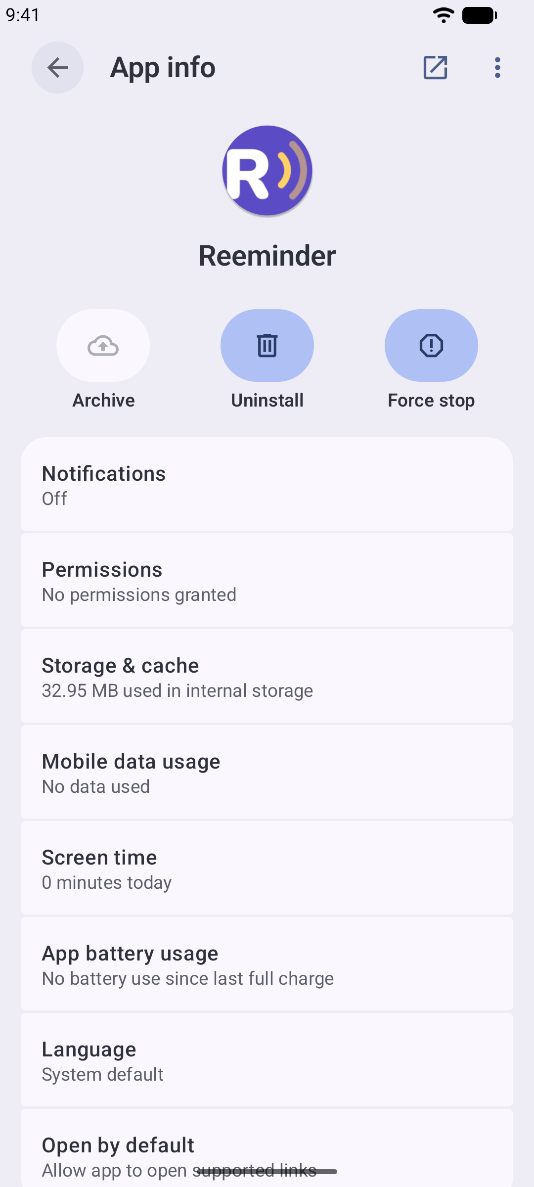 Android Settings showing the Reeminder app screen