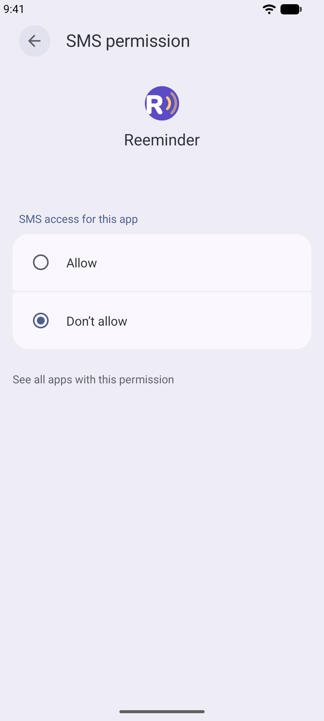 The SMS permission set to “Allow” for Reeminder
