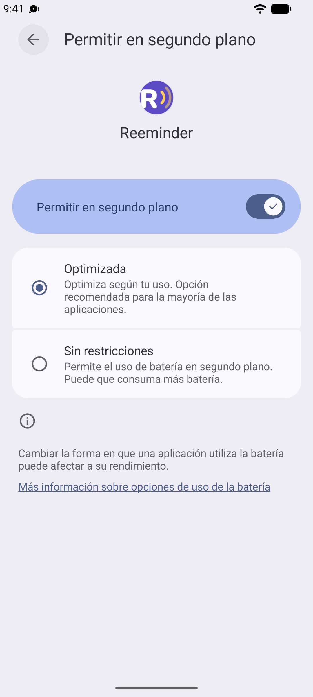 Los ajustes de batería de Reeminder en Android con “Sin restricciones” seleccionado