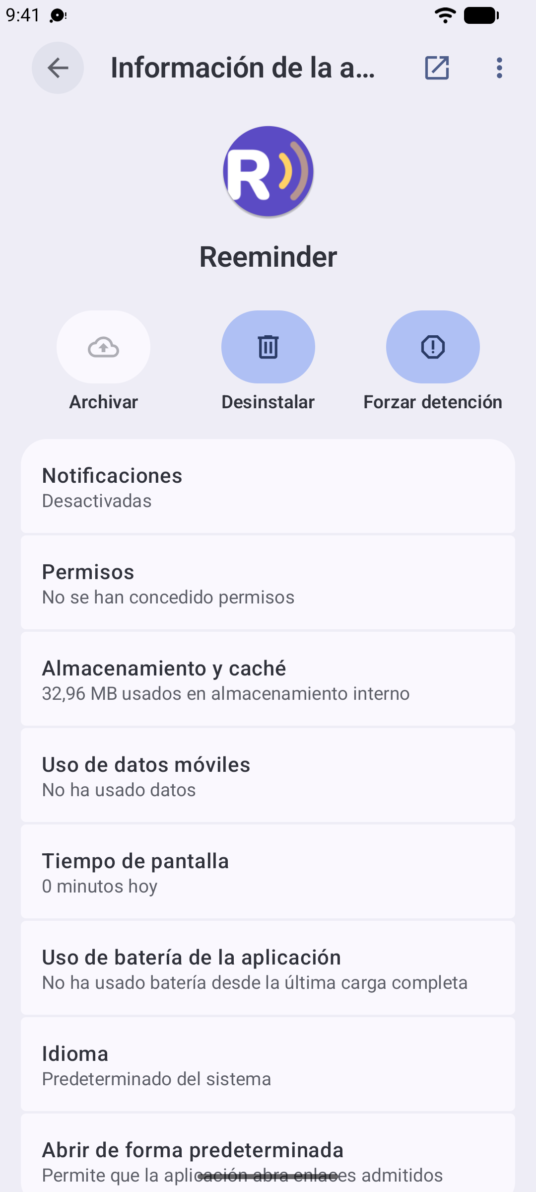Los Ajustes de Android mostrando la pantalla de la app Reeminder