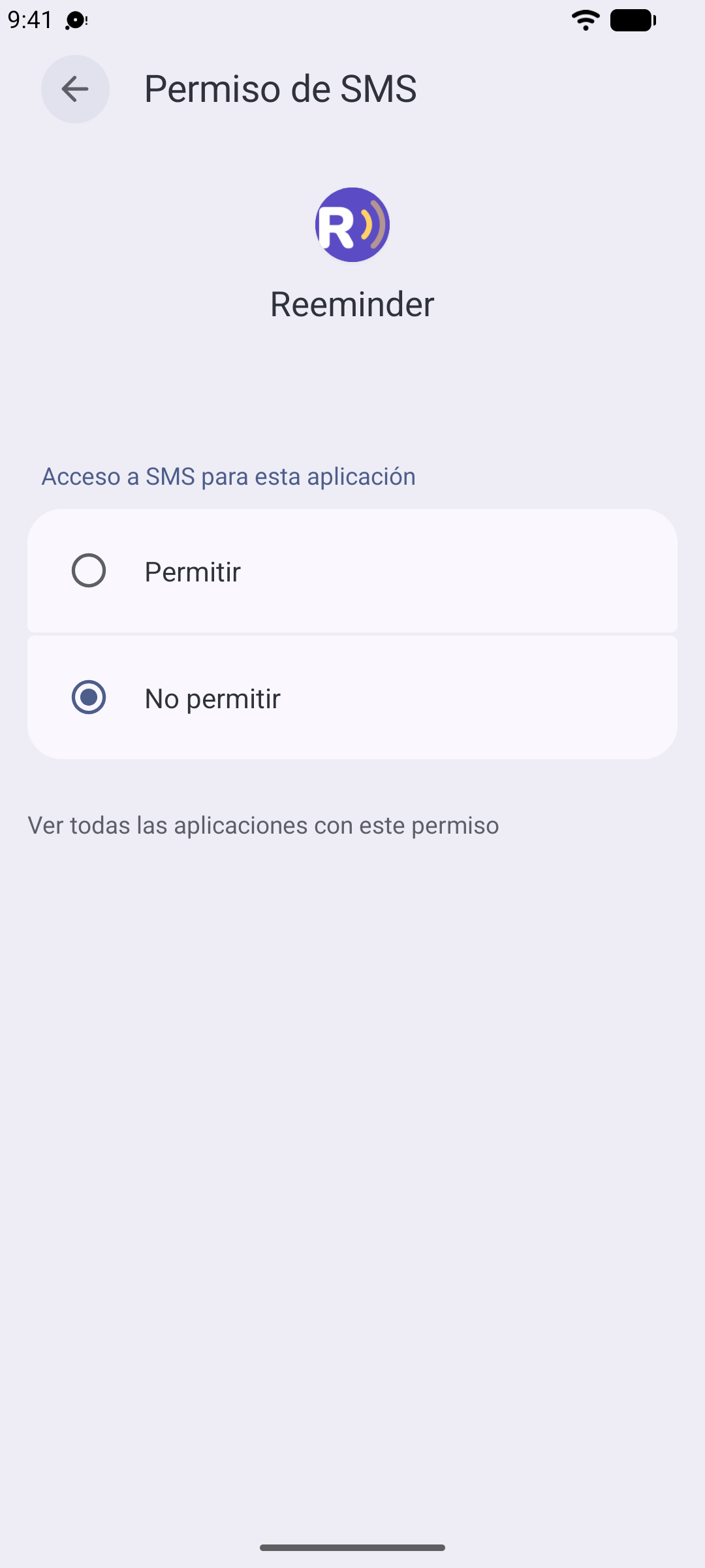 El permiso de SMS en “Permitir” para Reeminder