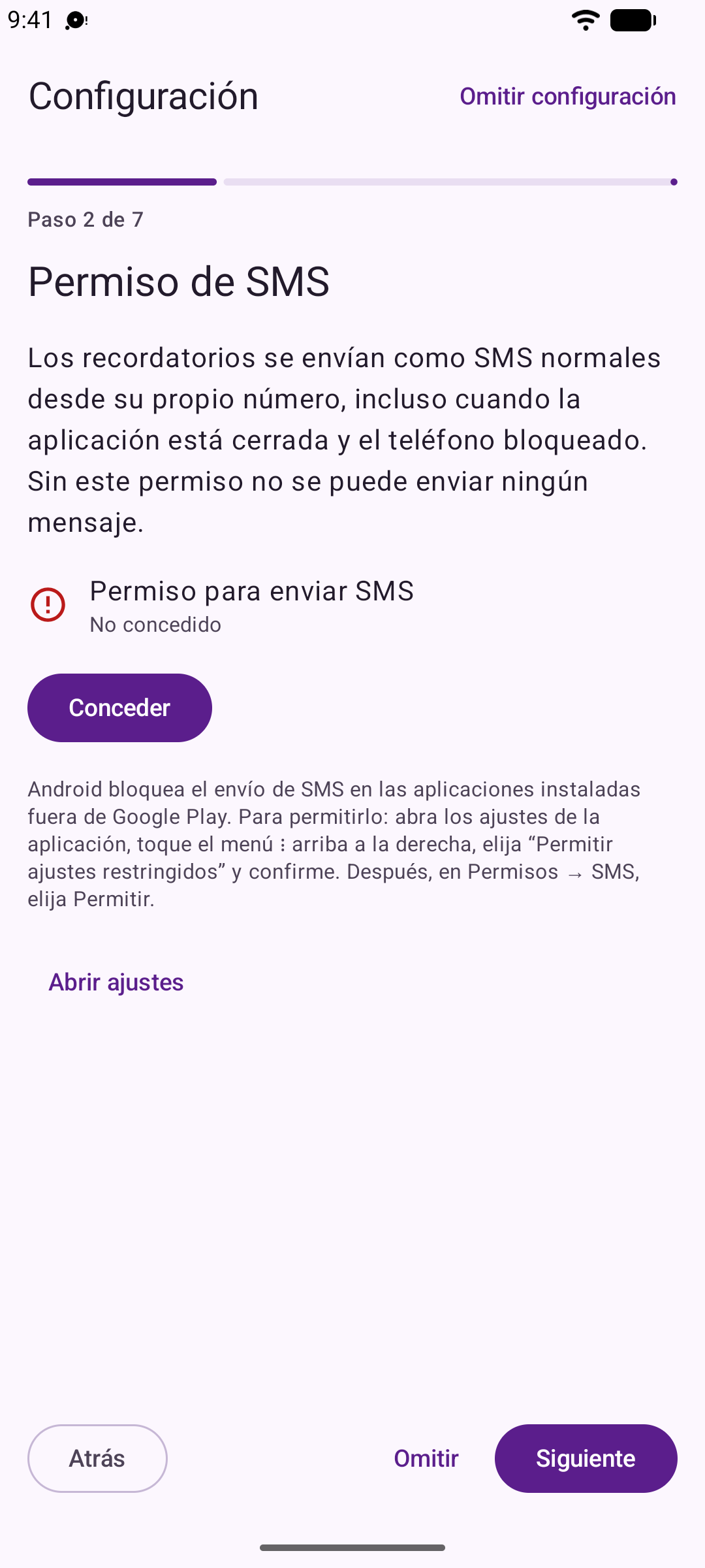 El asistente de configuración de Reeminder recorriendo los mismos pasos