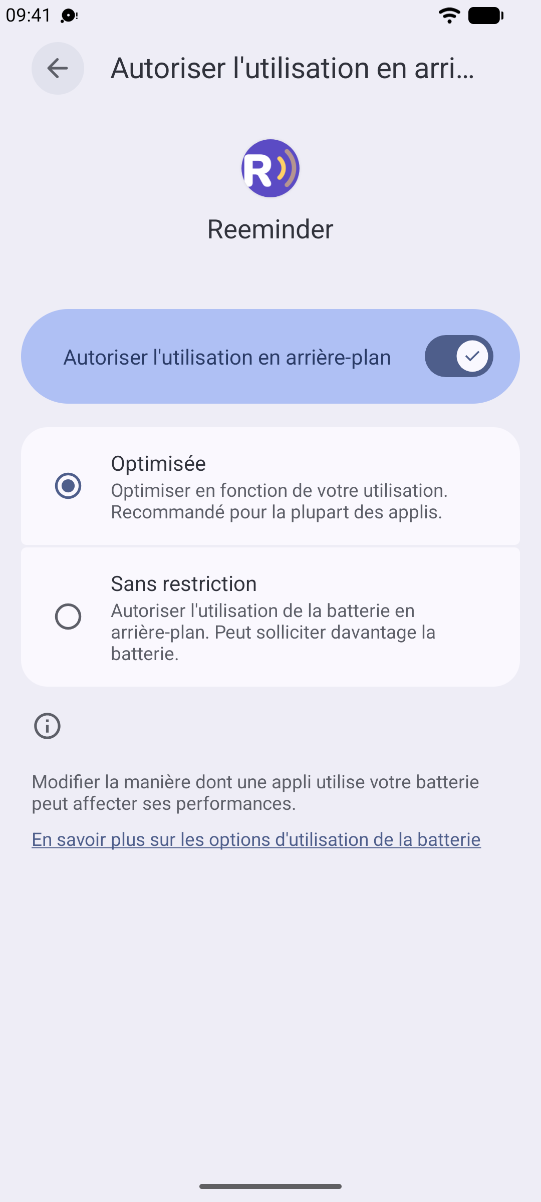 Les paramètres de batterie de Reeminder sur Android avec « Non restreinte » sélectionné