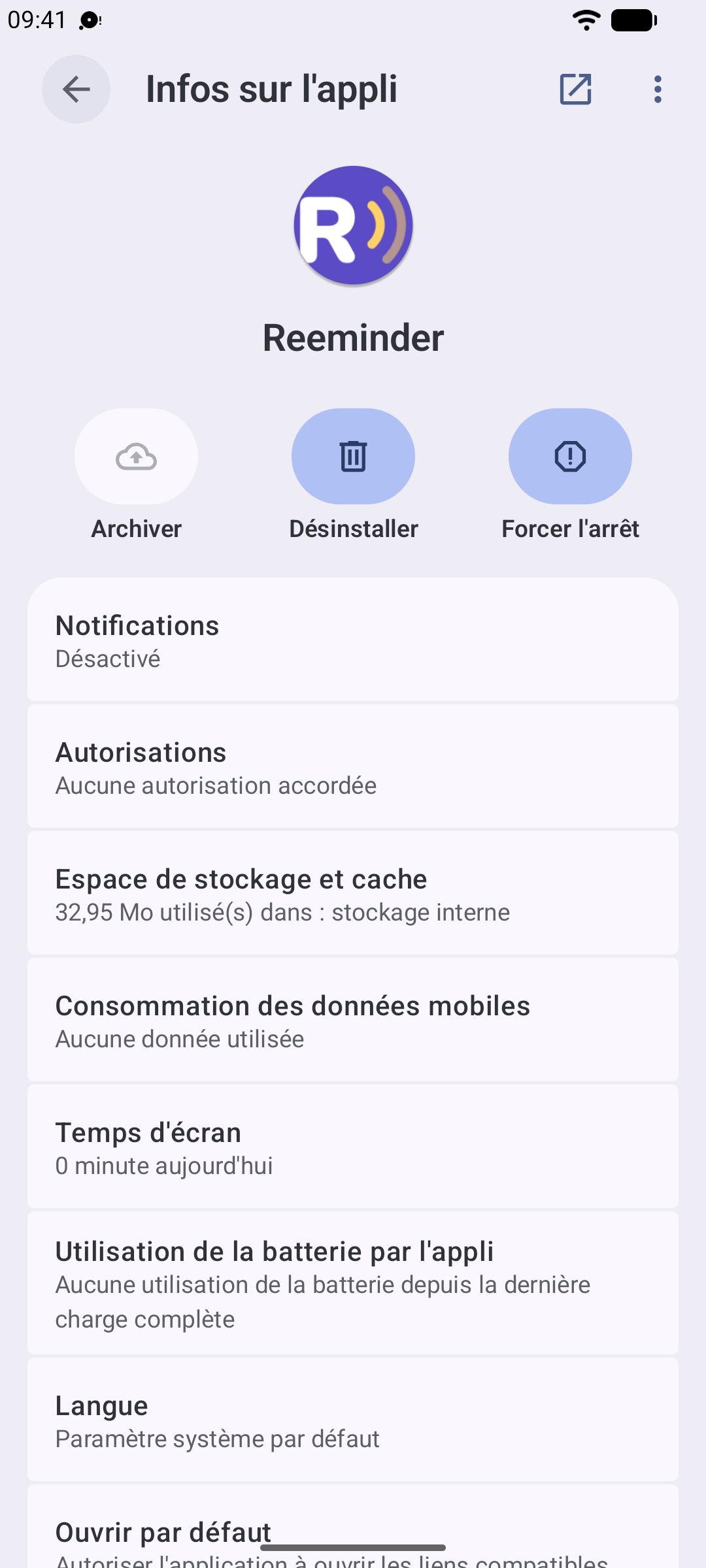 Les Paramètres Android affichant l'écran de l'application Reeminder