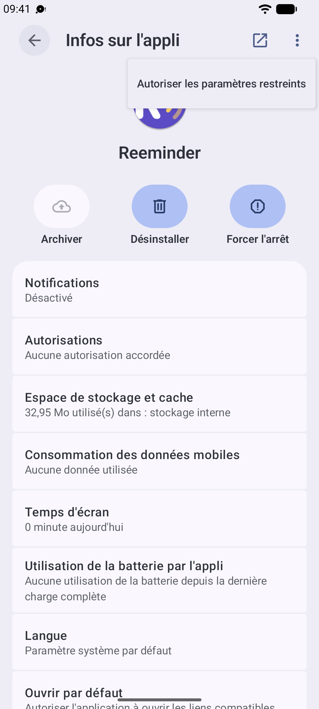 Le menu à trois points ouvert, avec « Autoriser les paramètres restreints » mis en évidence