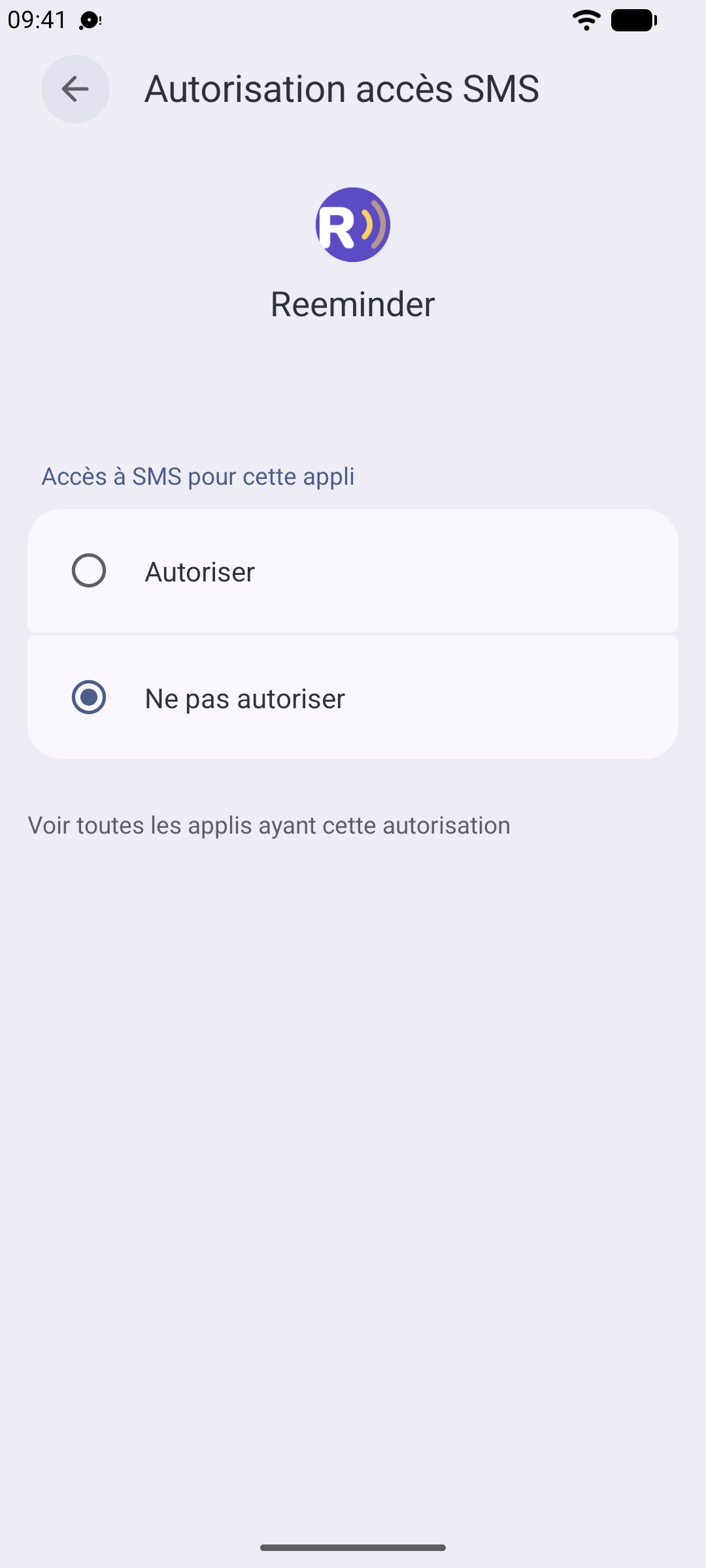 L'autorisation SMS réglée sur « Autoriser » pour Reeminder