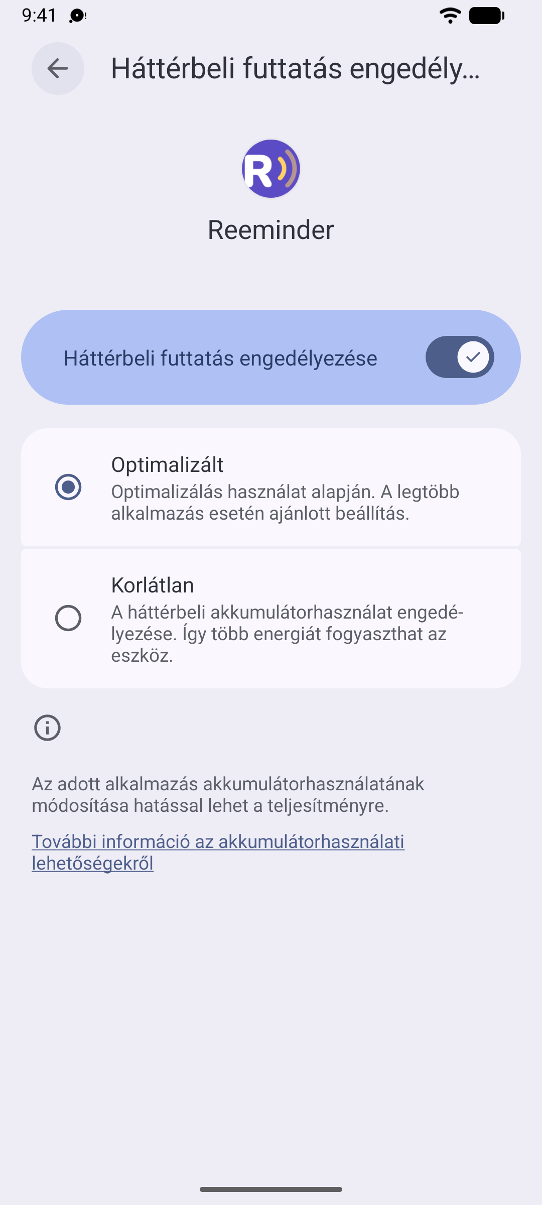 A Reeminder akkumulátor-beállításai Androidon, kiválasztott „Korlátlan” lehetőséggel