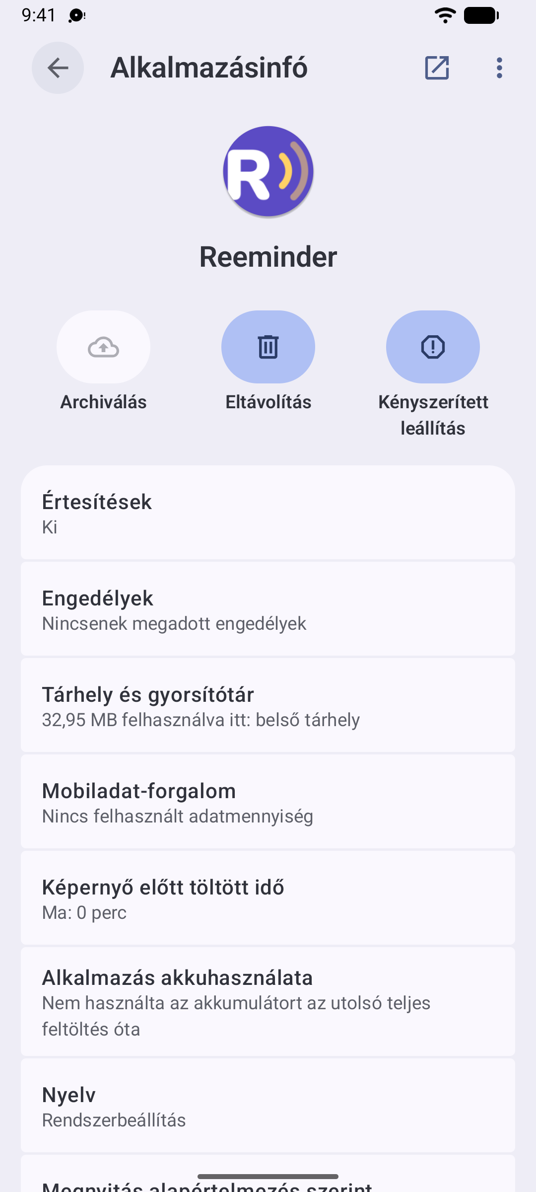 Android-beállítások a Reeminder app képernyőjével