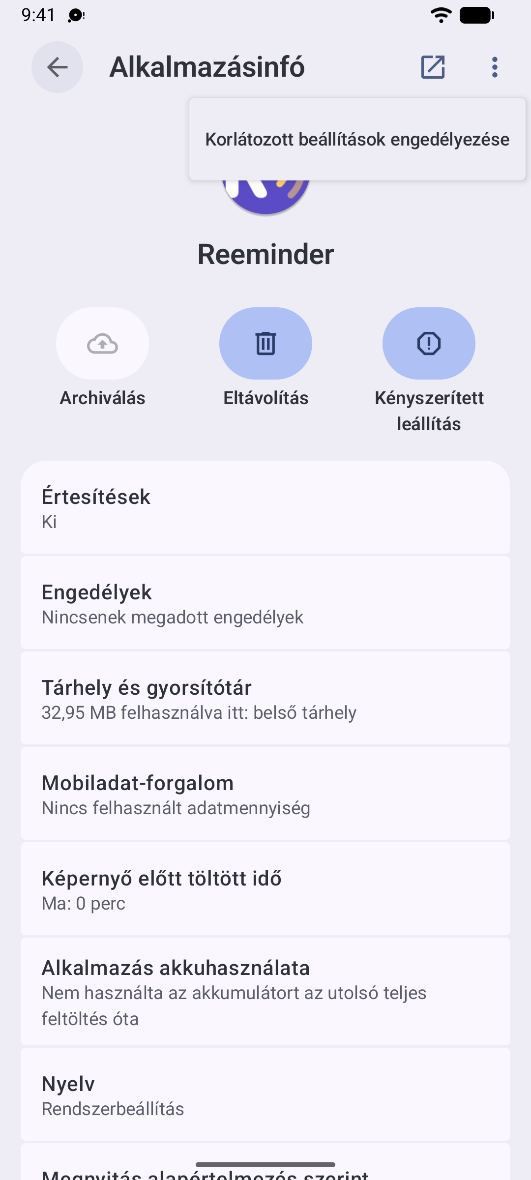 A megnyitott hárompontos menü, benne kiemelve a „Korlátozott beállítások engedélyezése” lehetőség