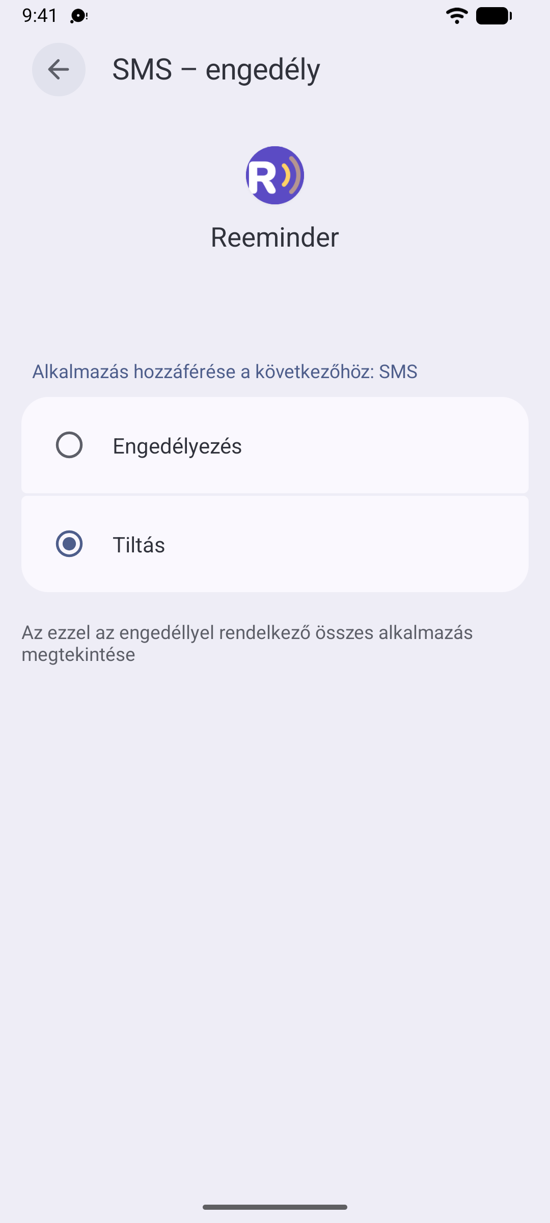 Az SMS-engedély a Reeminder számára „Engedélyezés” állásban