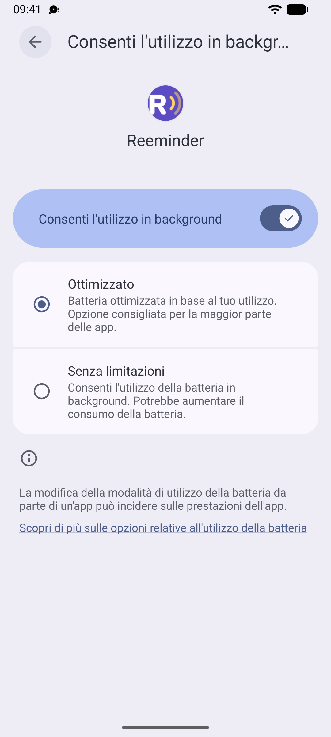 Le impostazioni della batteria di Reeminder su Android con “Senza limitazioni” selezionato