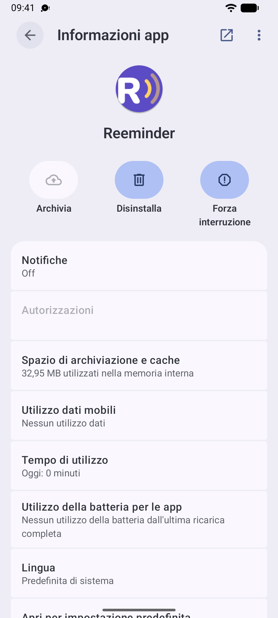 Le Impostazioni di Android con la schermata dell'app Reeminder