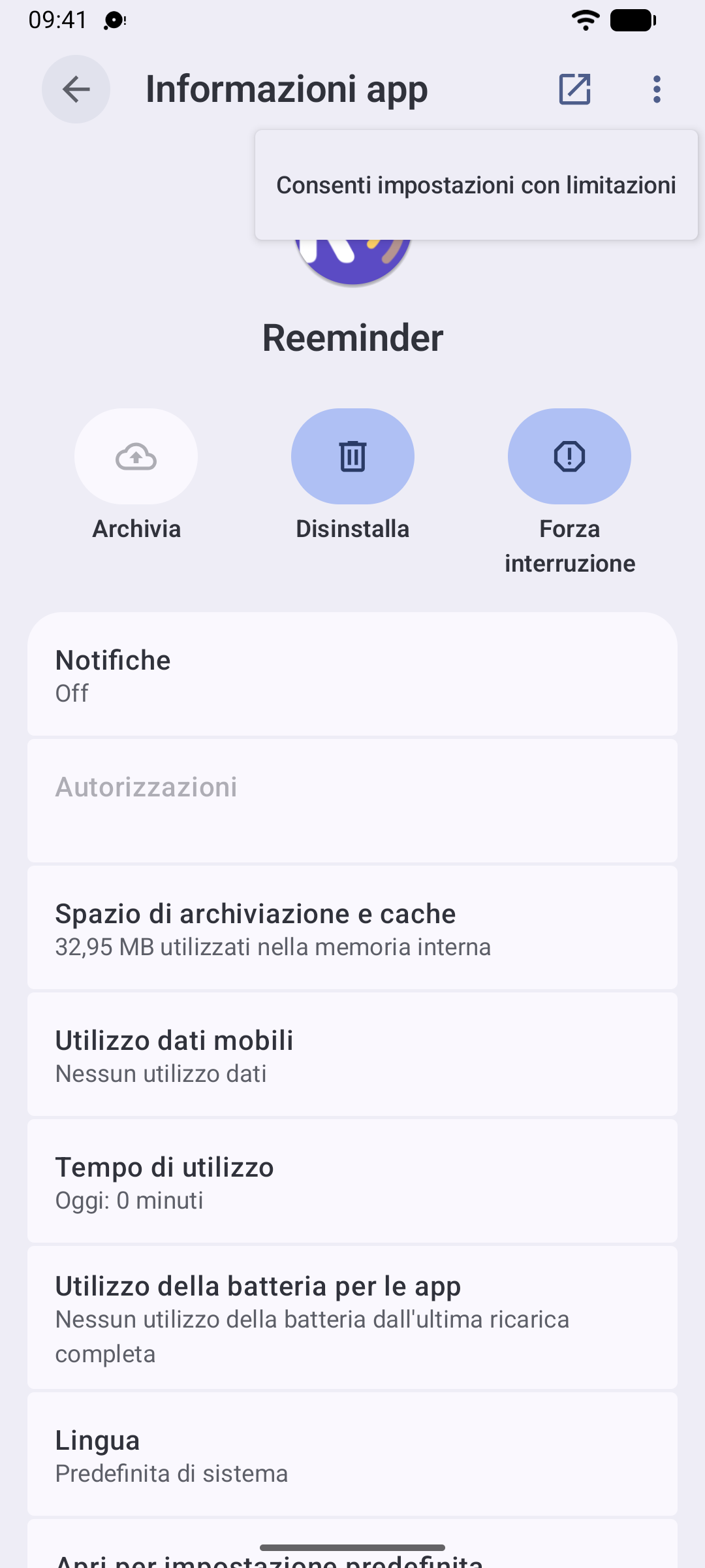 Il menu a tre puntini aperto, con “Consenti impostazioni limitate” in evidenza
