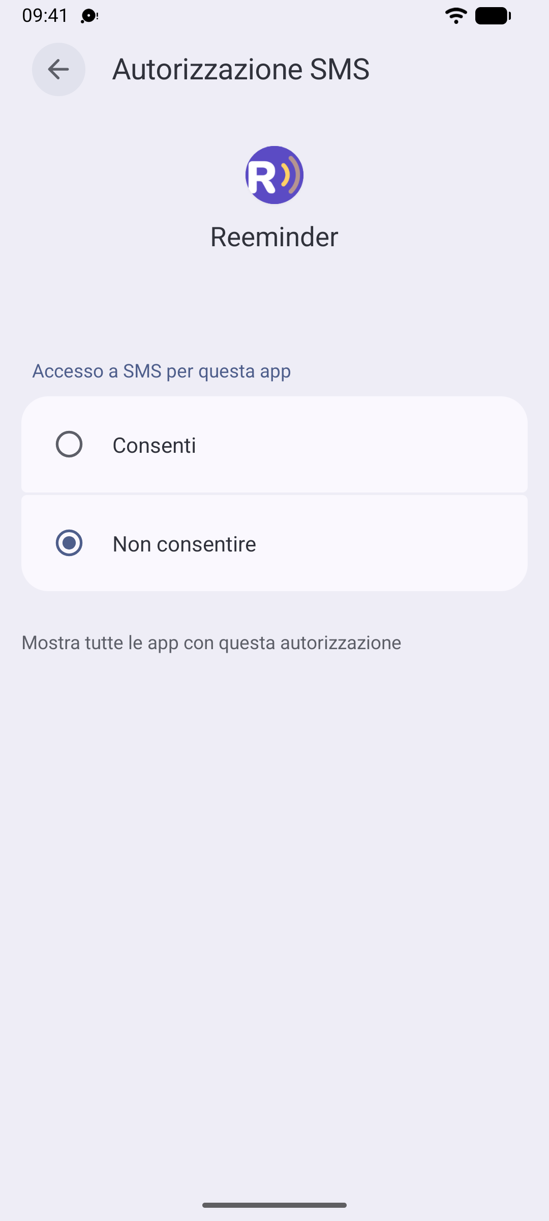 L'autorizzazione SMS impostata su “Consenti” per Reeminder