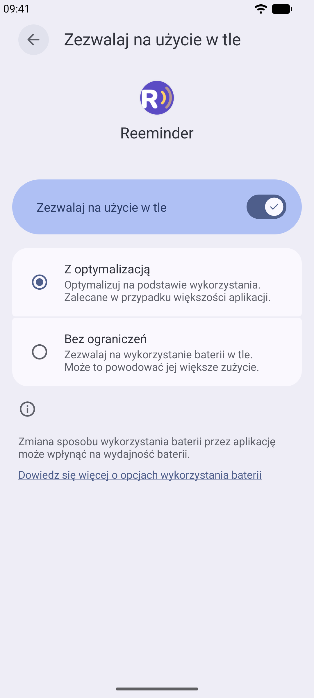 Ustawienia baterii aplikacji Reeminder na Androidzie z wybraną opcją „Bez ograniczeń”