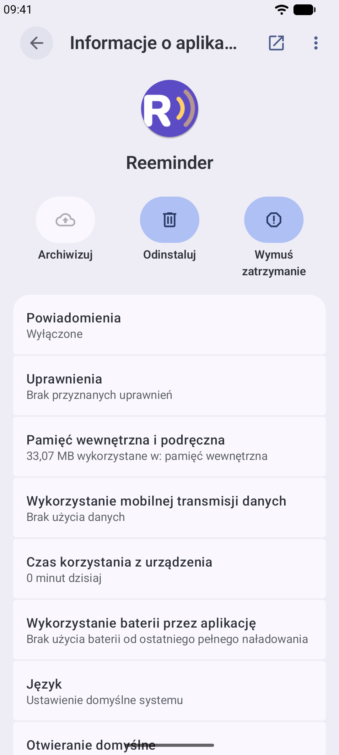 Ustawienia Androida z ekranem aplikacji Reeminder