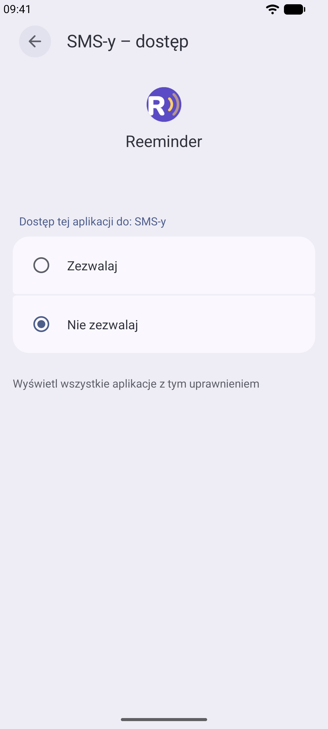Uprawnienie do SMS dla aplikacji Reeminder ustawione na „Zezwól”