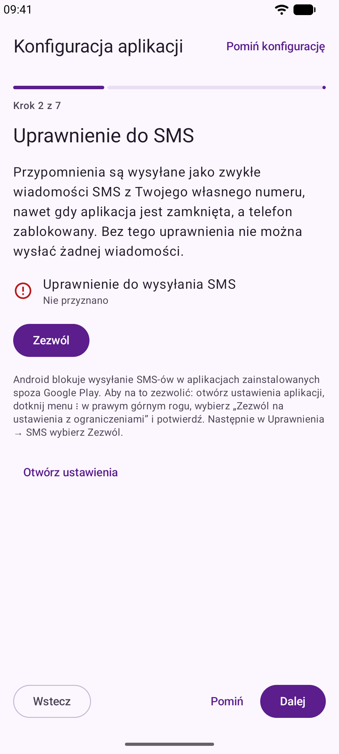 Kreator konfiguracji w aplikacji Reeminder pokazuje te same kroki