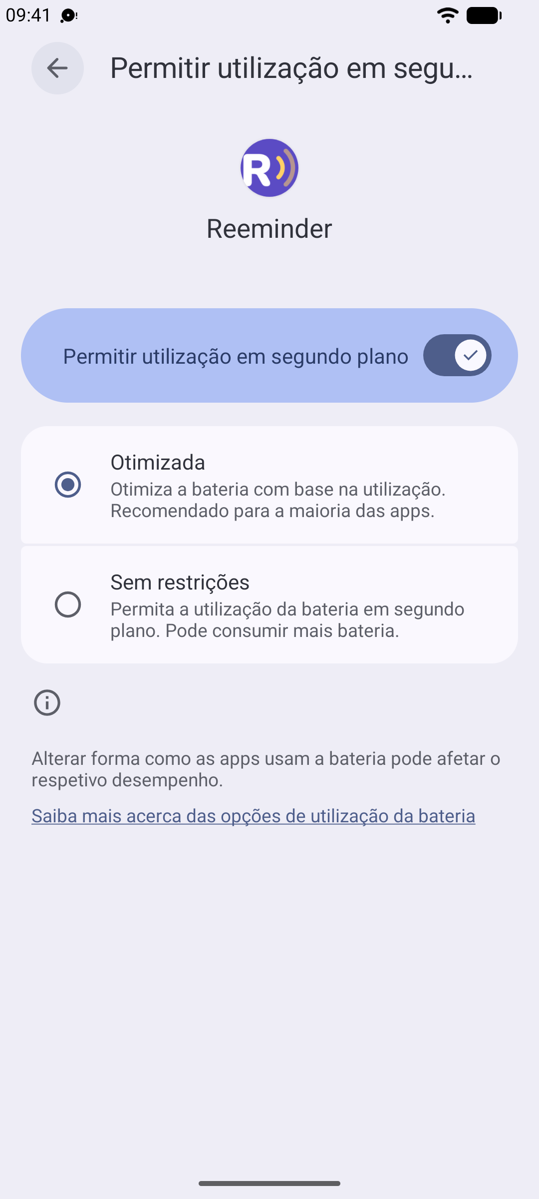 As definições de bateria do Reeminder no Android com “Sem restrições” selecionado