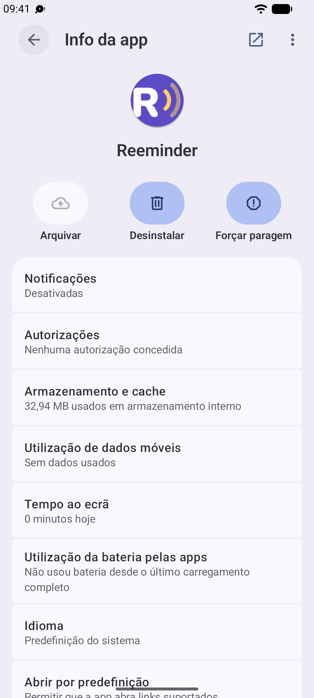 As Definições do Android a mostrar o ecrã da app Reeminder