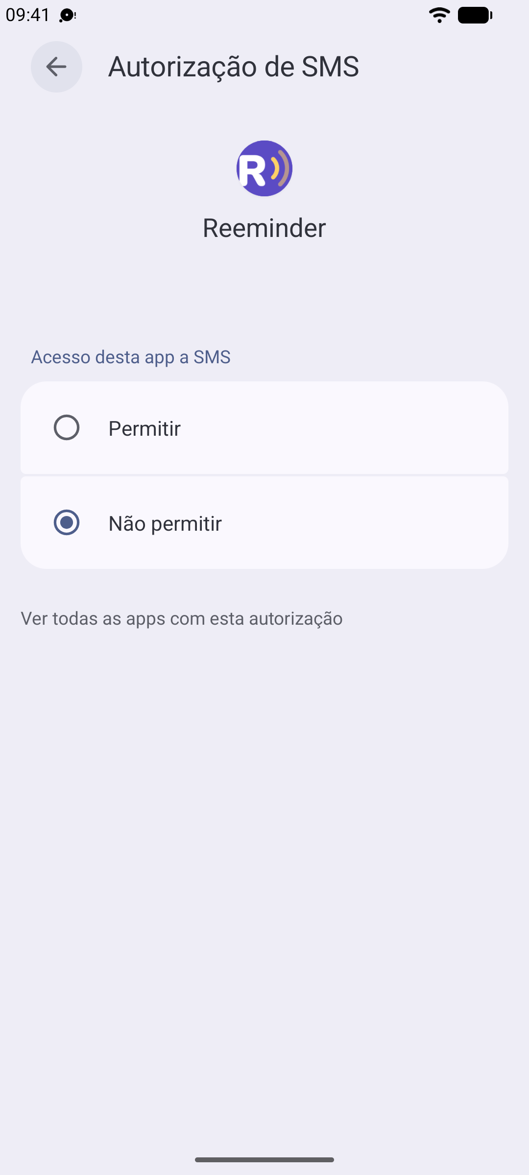 A permissão de SMS definida como “Permitir” para o Reeminder
