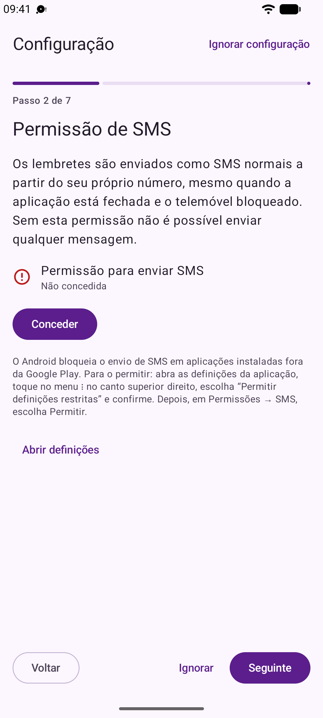 O assistente de configuração do Reeminder a percorrer os mesmos passos