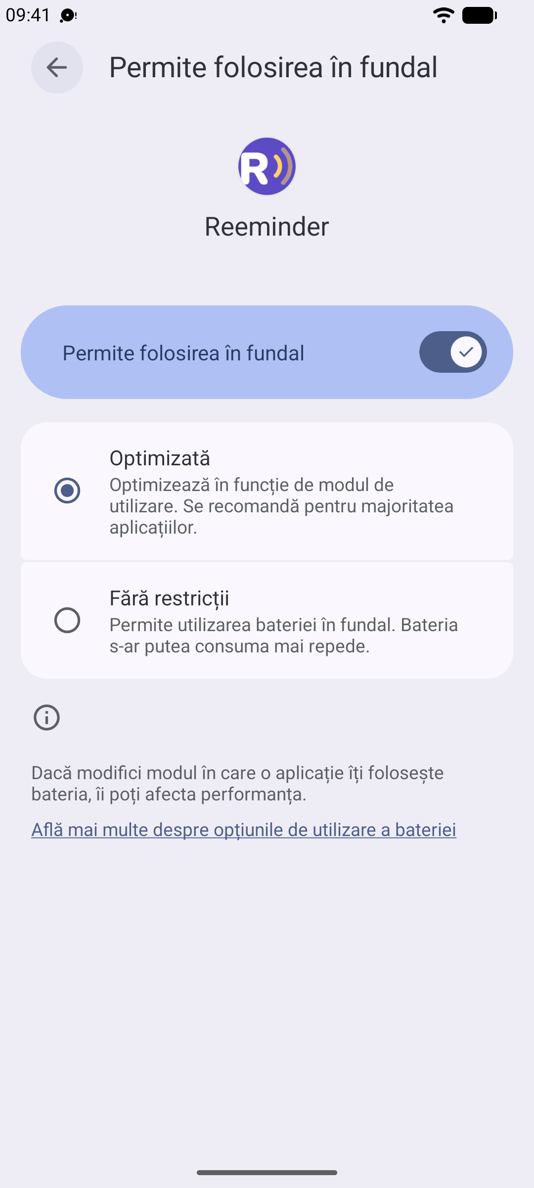 Setările de baterie ale aplicației Reeminder pe Android, cu „Nerestricționat” selectat