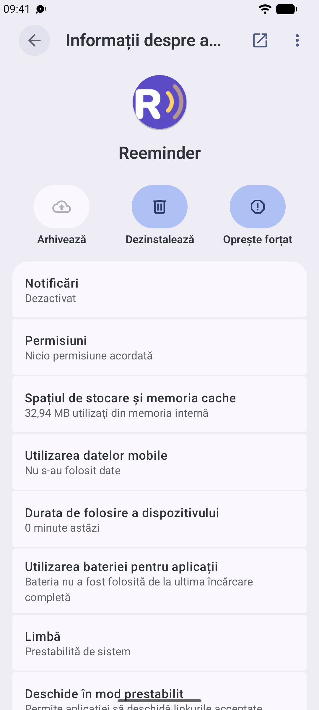 Setările Android afișând ecranul aplicației Reeminder