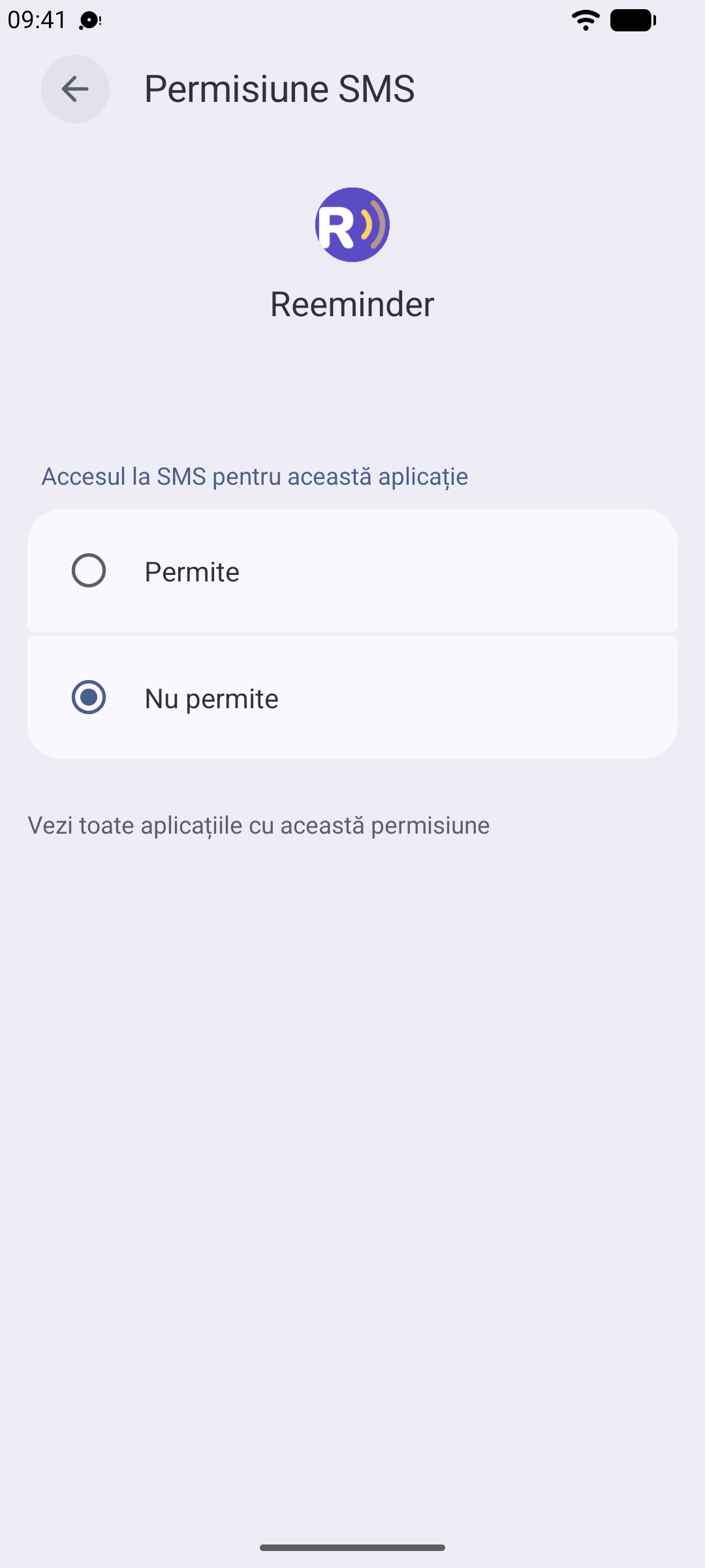Permisiunea SMS setată pe „Permiteți” pentru Reeminder