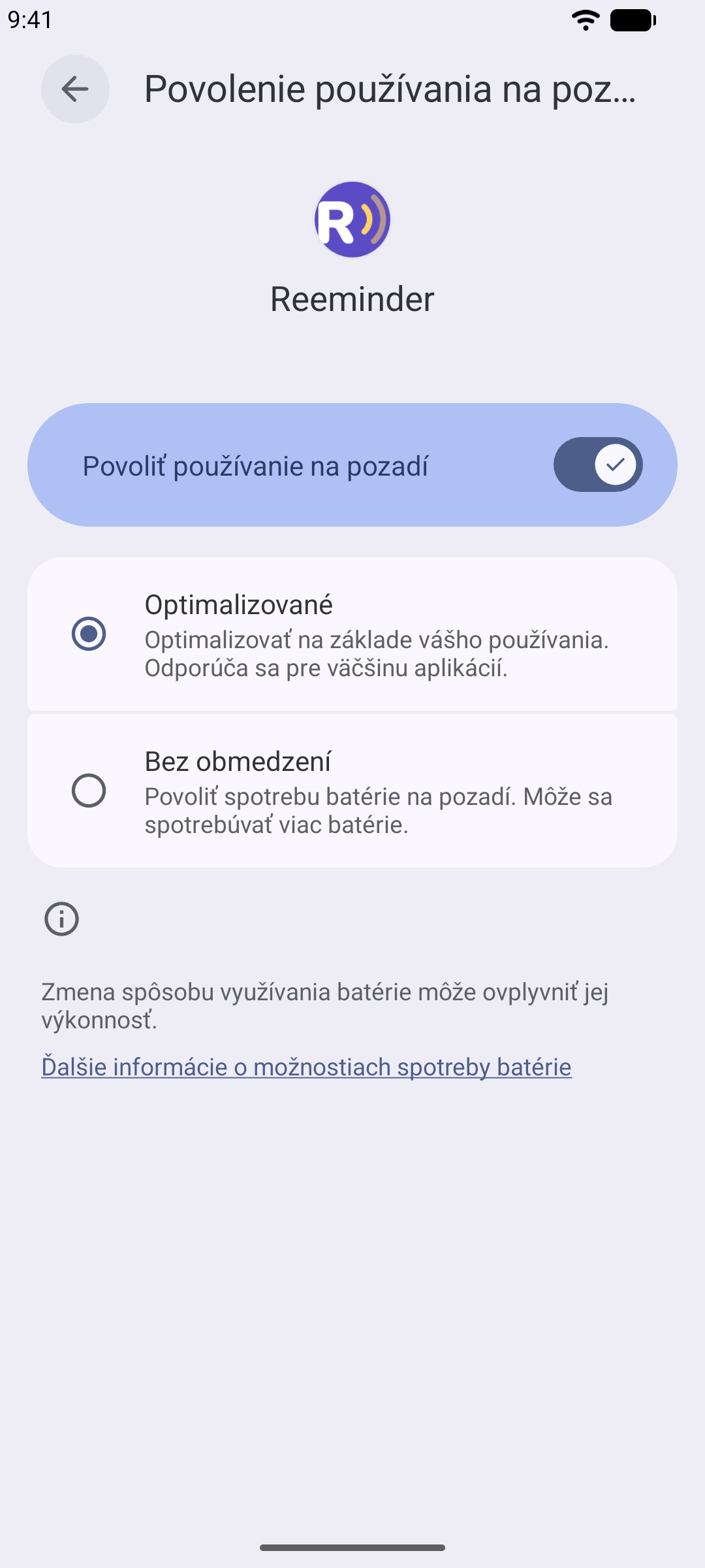 Nastavenia batérie pre Reeminder na Androide so zvolenou možnosťou „Bez obmedzenia“