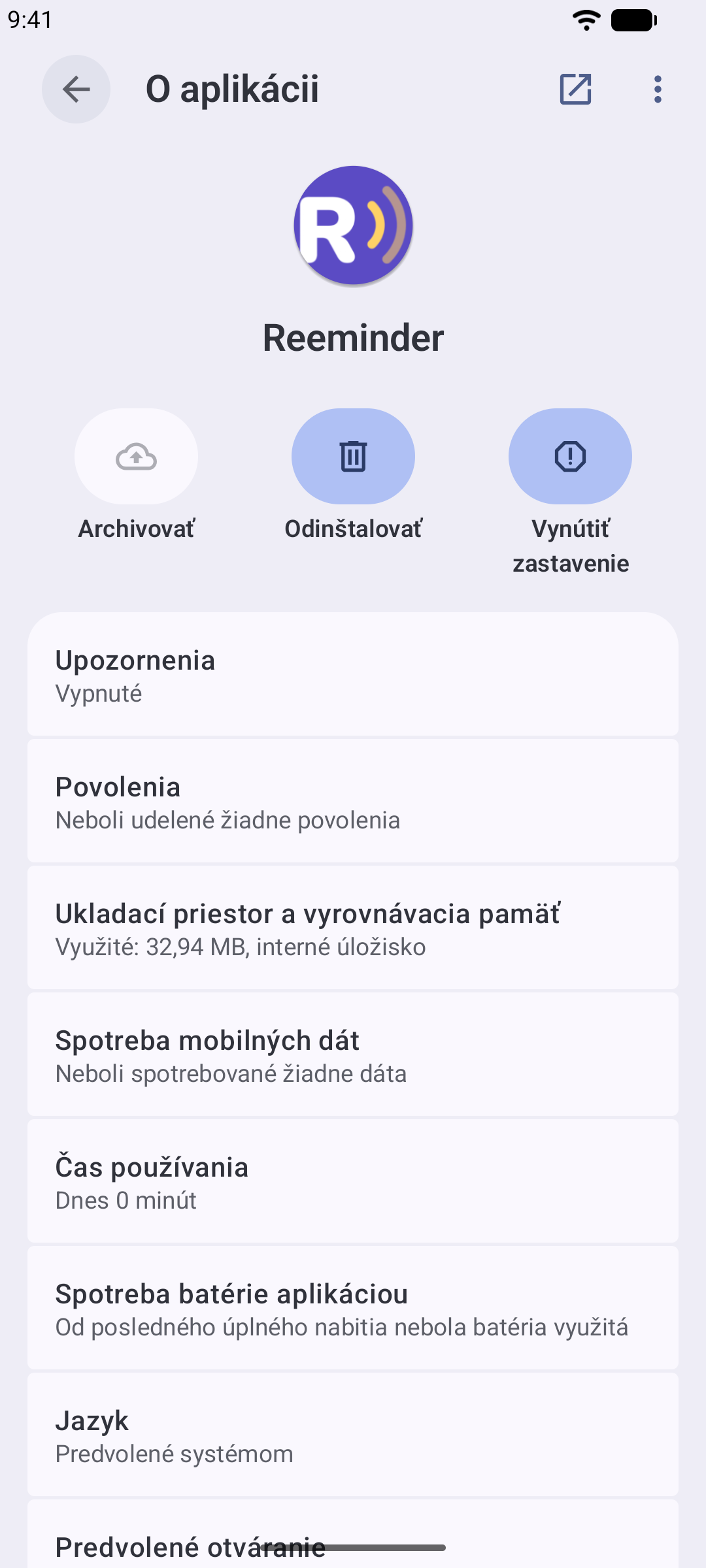 Nastavenia Androidu s obrazovkou aplikácie Reeminder