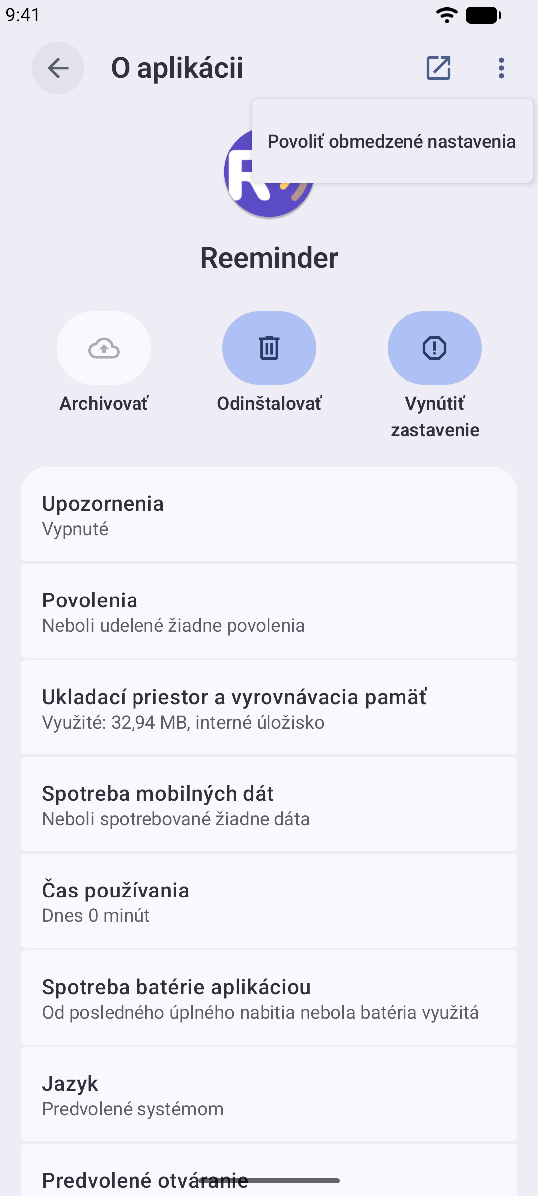 Otvorená ponuka s tromi bodkami so zvýraznenou voľbou „Povoliť obmedzené nastavenia“