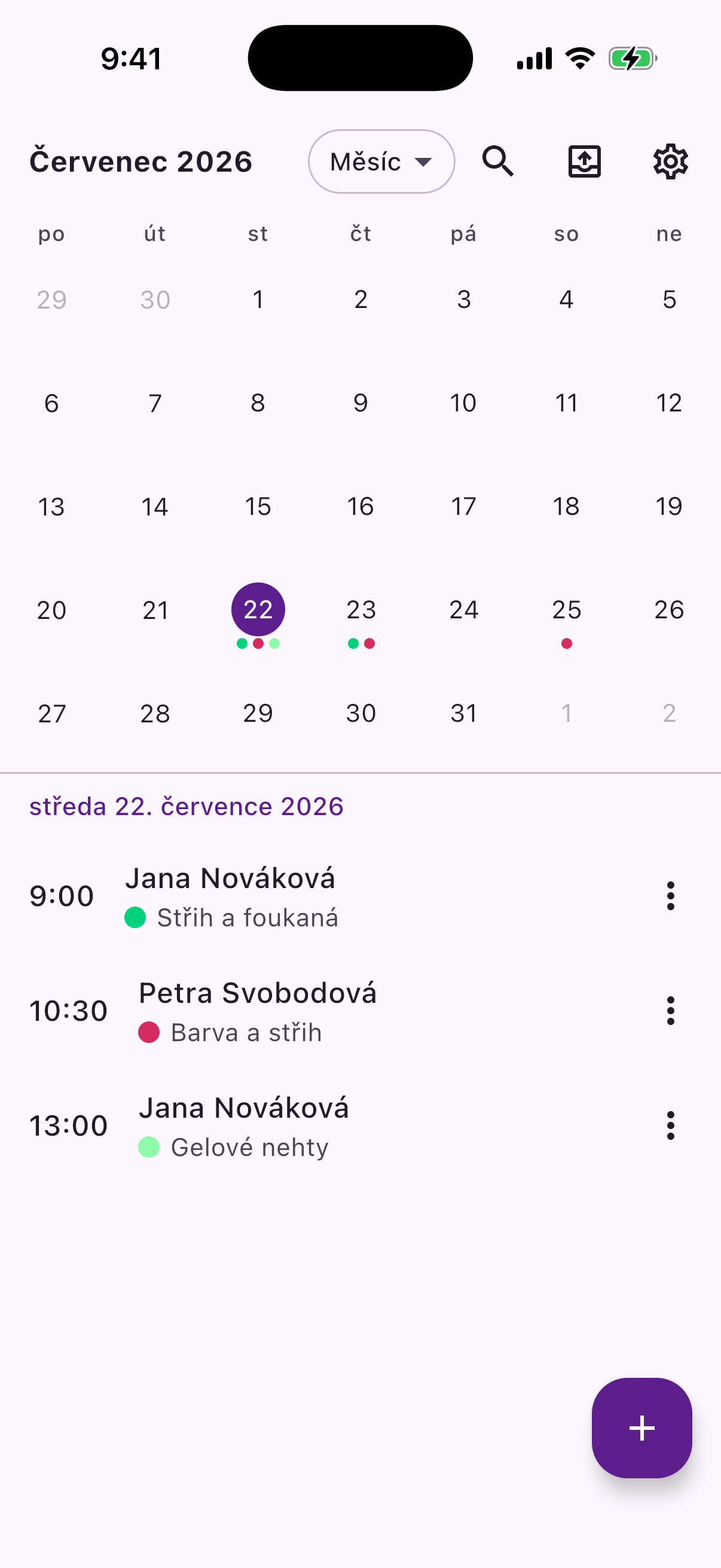 Reeminder's month calendar, with each day's appointments shown as colour-coded dots