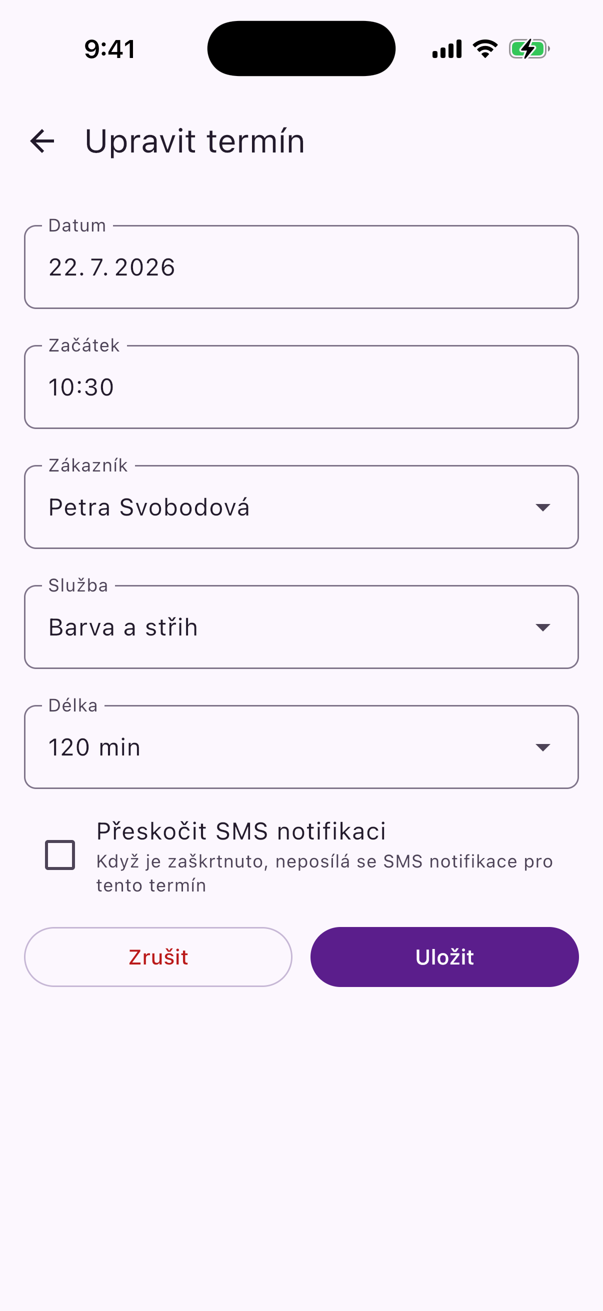 An appointment in Reeminder, showing the reminder SMS it has prepared