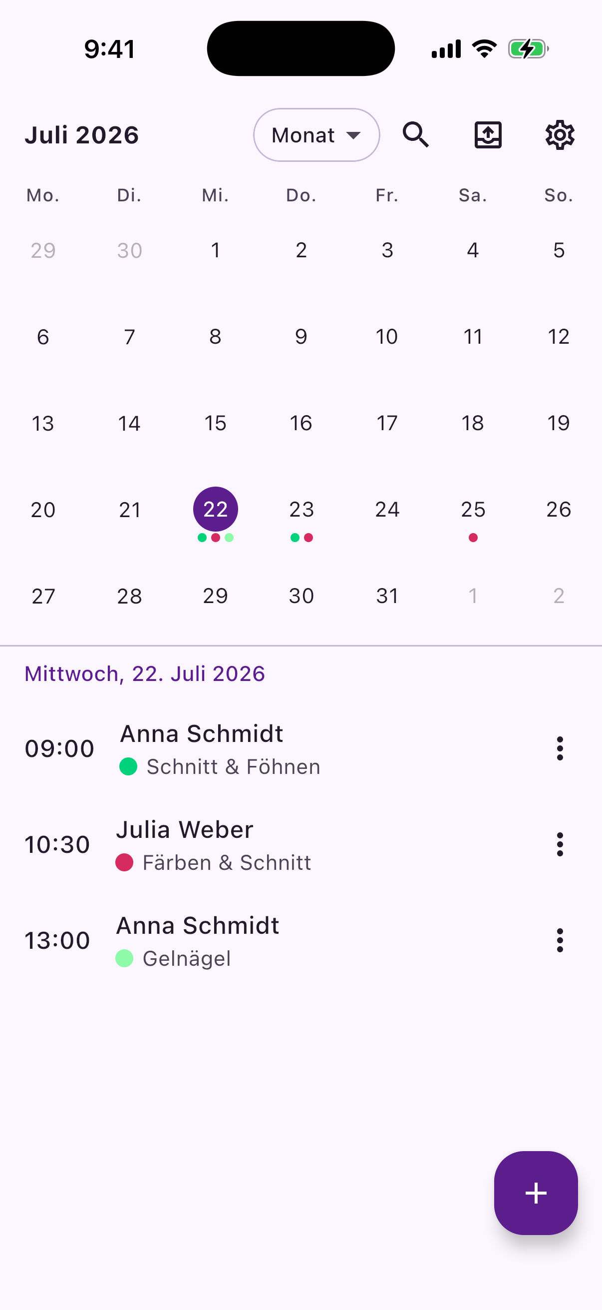 Reeminder's month calendar, with each day's appointments shown as colour-coded dots