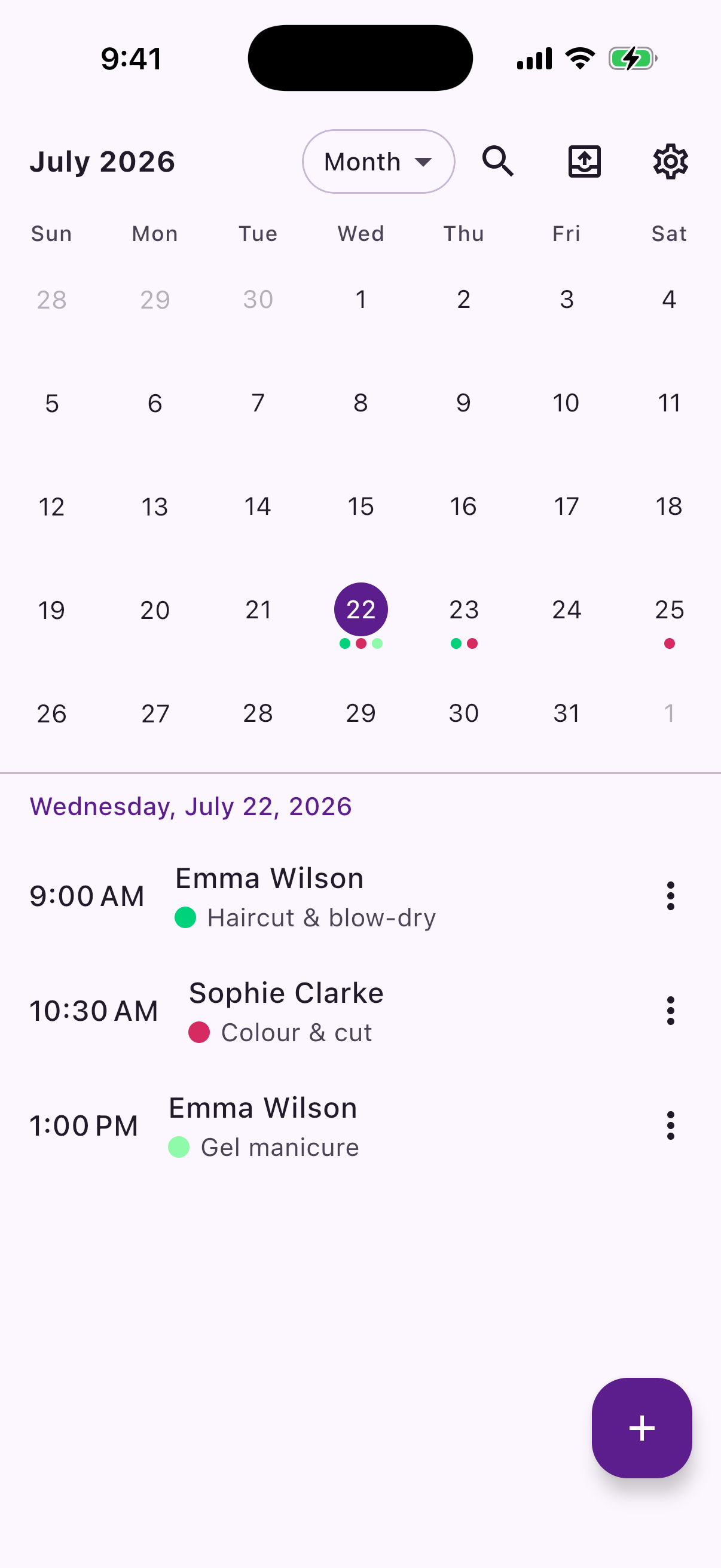 Reeminder's month calendar, with each day's appointments shown as colour-coded dots