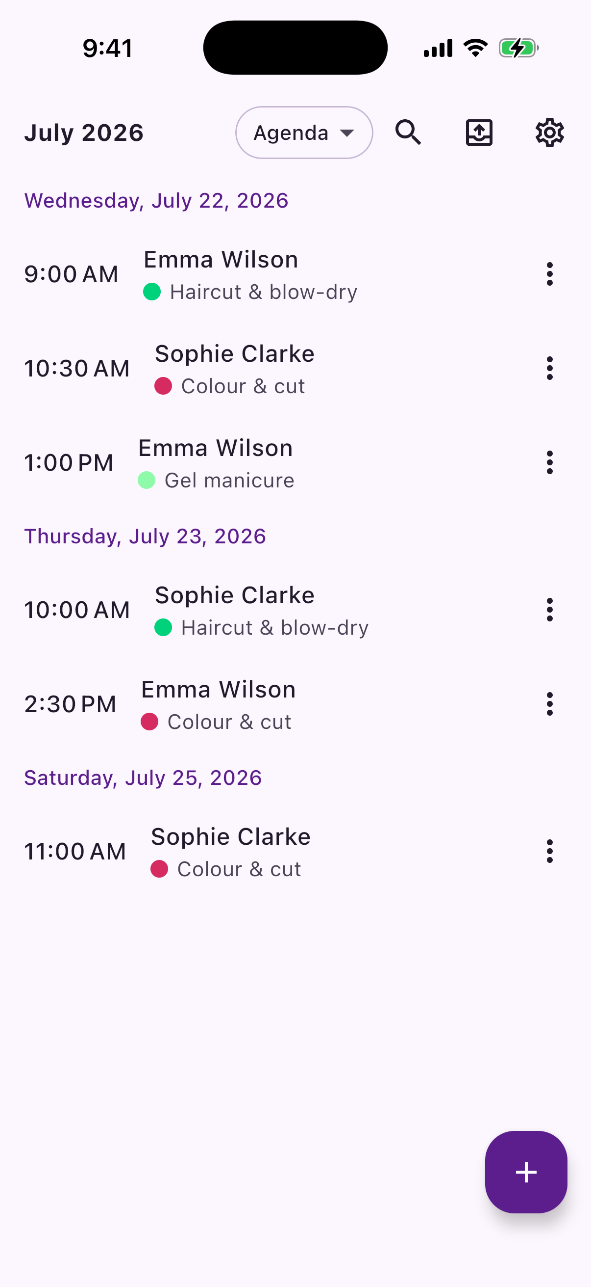 Reeminder's agenda view, listing each client and service in time order