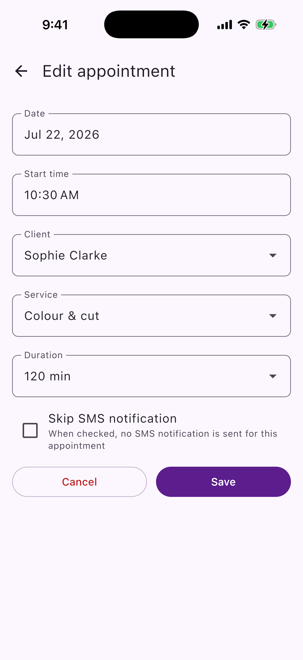 An appointment in Reeminder, showing the reminder SMS it has prepared
