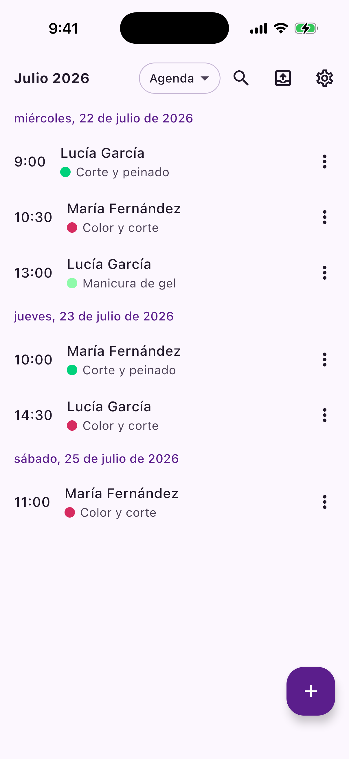 Reeminder's agenda view, listing each client and service in time order