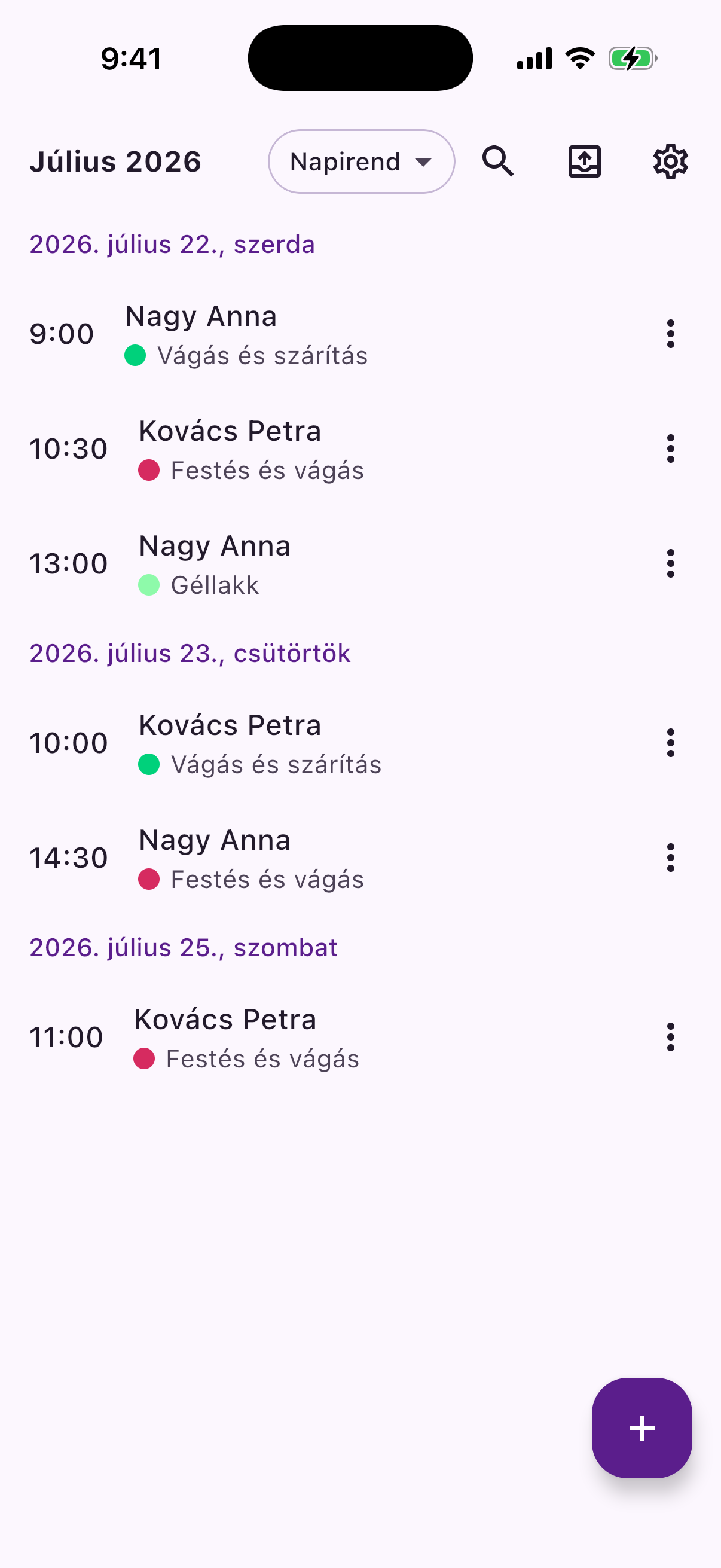 Reeminder's agenda view, listing each client and service in time order