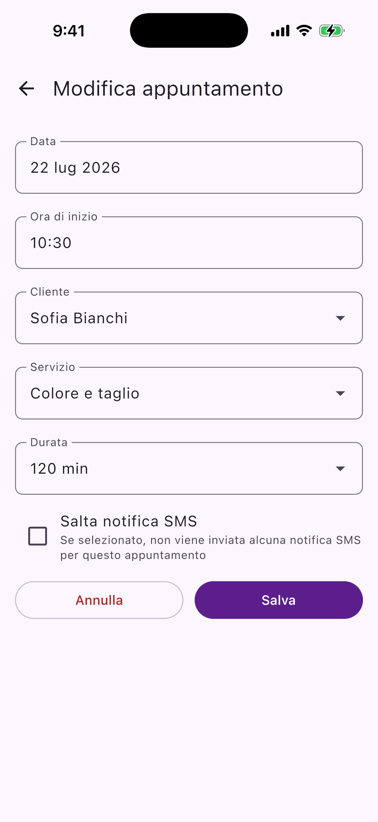 An appointment in Reeminder, showing the reminder SMS it has prepared